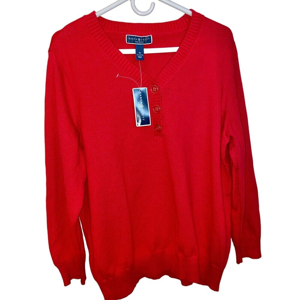 Karen Scott Woman Top Button V-neck Red Knit Sweater Sz 1x